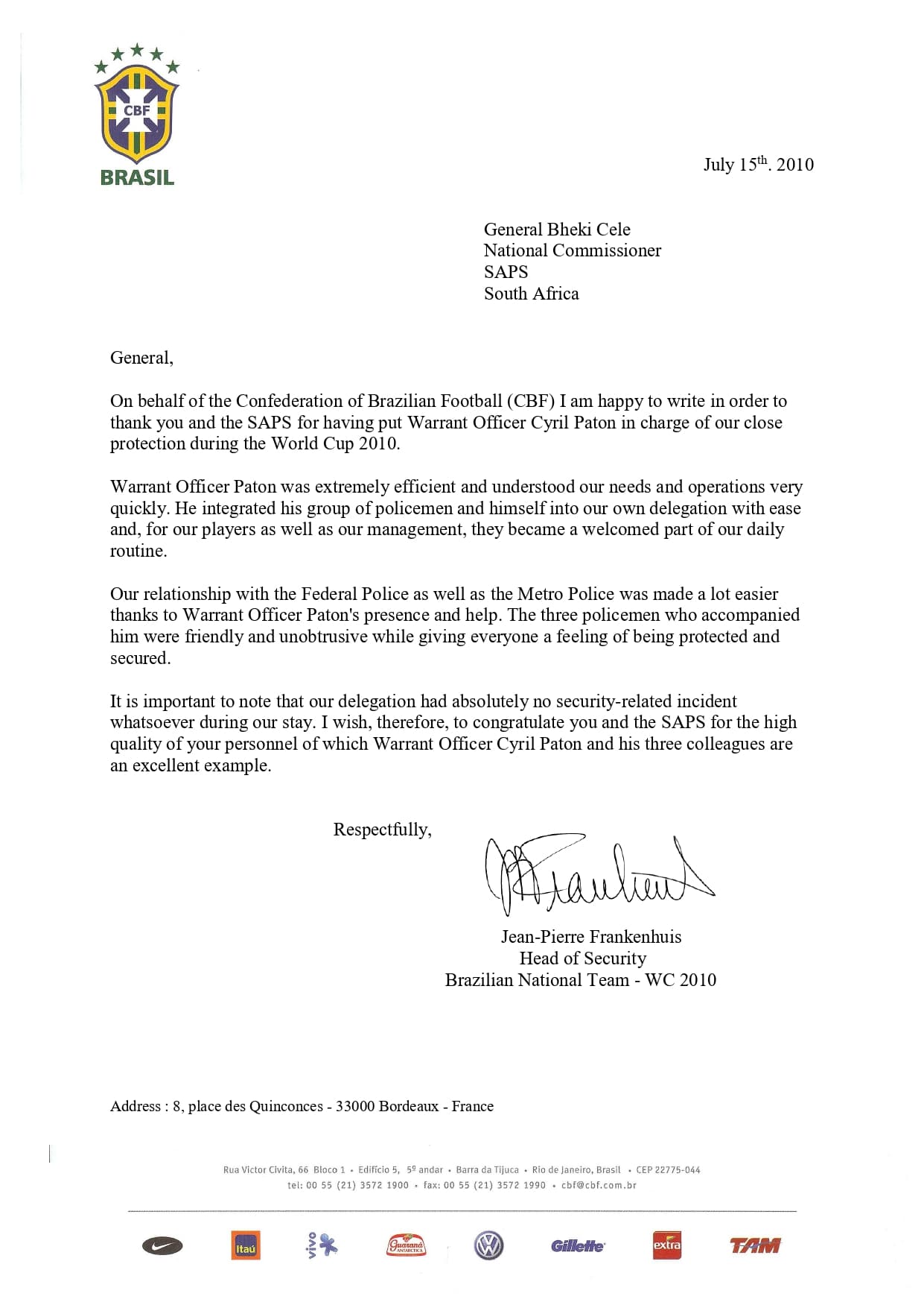 Letter of commendation from the Brazilian Soccer Federation